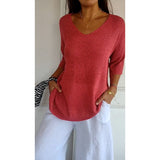 Fongt Casual Sweater Basic Thin V-Neck Seven-Sleeve Solid Female Bottoming Shirt Ice Cream Color