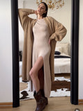Fongt Autumn And Winter Hot Sweater Suit Women Loose Long Version Imitation Cardigan + Open Fork Dress