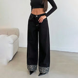 Fongt Straight Trousers Feet Spliced Leopard Trousers Babes Essential Personality Leopard Print Base Black High-Waisted Thin Jeans