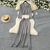 Fongt Wearing A Female Gentle Wind High-End Feeling V-Neck Long-Sleeved Empty Crochet Knitted Half-Dress