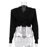Fongt New Fashion Long Sleeve Cross Strap Design Sense Hood Crop Slim Top T-Shirt Women-Outfit