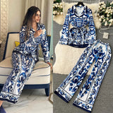 Fongt Fashion Positioning Print Strapping Belt Collar Long Sleeve Top Female High-Waist Broad Leg Straight Trousers Set