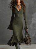 Fongt Fashion Elegant Temperament Zippered Horn Sleeve Knitted Fishtail Skirt