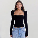 new autumn women's sexy temperament square neck plush fungus backless strappy long-sleeved top Vestidos-Outfit