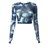 Spring New Round Collar Cover Print Open-Umbil Umbilical Cover Finger Long-Sleeved Casual Women's Top