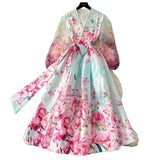 Fongt Spring Spring Court Wind Positioning Print Cross V-Neck Tie With Belt Mesh Long Sleeves Spliced Dress