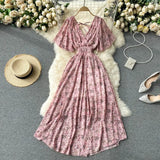 Fongt Wind Temperament Sweet Broken Flower V Collar Dress Beach Vacation Snow Spinning A Word Long Skirt-Outfit