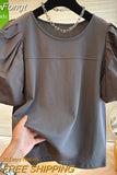 New T-Shirts Causal O-neck Patchwork Puff Sleeve Shirts for Women Chic Korean Sweet