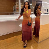 Fongt Retro Gradient Striped Knitted Dress Sleeveless Sling Skirt Slime-Skinny Sweater Skirt