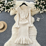 Fongt New Retro Bumpy Dolls To Receive Waist Knitted Dress Female Elastic Temperament Lotus Leafy Dress