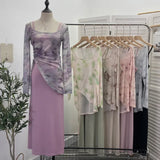 Dizzling U-Neck Rope Long-Sleeved Mesh Yarn Coat + Sling On The Back Of The Long Dress Two Sets