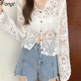 Women Lace Summer Sun-proof Simple Sexy Female Clothing Sheer Tops Preppy V-Neck Casual Trendy Harajuku Basic Korean