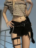 American Black Jeans for Women Y2k E-Girl Low-waisted Hole Denim Pants 2024 Summer New Straight Wide Leg Shorts-Outfit