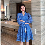Quality 2022 Autumn Runway Long Dress Women Single-breasted Lantern Sleeves Hollow Embroidered Lace Sashes