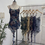 辣bab Net Yarn Print Small Sling Vest Tidly Tidly Ribbon Ribbon Leaves Edge Sleeveless Top