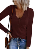 Fongt Autumn New Women's Button Vest Solid Color V-Neck Long-Sleeved T-Shirt Top