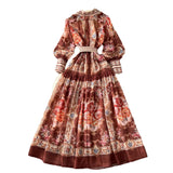 Fongt Court Print Flip Lantern Sleeves To Close Waist Single Buckle Dress Women Thin Elegant Long Dress