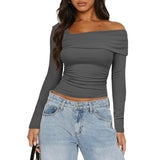 Women Basic Solid Undershirt Slash Off Shoulder Full Sleeve Shirt Shrunk Soft T-Shirt Autumn Versatile Street Daily Top-Outfit