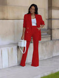 Fongt New Solid Color Casual Suit Wide Leg Pants Suit Two Sets