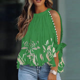 Women Elegant Pattern Print Blouse Shirts 2023 Summer Office Fashion O-Neck Pullover Tops Ladies Casual Half Sleeve Beaded