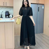 Fongt Elegant Half-High Collar Bubble Sleeve Pressure Folding Dress With Thin Temperament Female Chiffon Long Dress