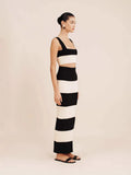 Fongt East New Women's Black And White Knitted Striped Long Suit Vest With Sweater Skirt