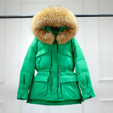 Huge Real Raccoon Fur Hooded Waterproof Winter Duck Down Jacket Women Fashion Female Parkas Sash Tie Up Puffer