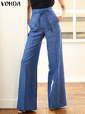 Solid Color Pants 2023 VONDA Women Casual High Waist Zipper Long Trousers Wide Leg Pants Palazzo Pants Pantalon Femme 1028-0-Outfit
