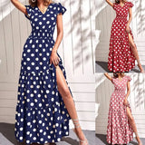 Fongt Spot 2023 Summer New Women's Fashion V-Neck Short Sleeve Side Slit In The Long Polka Dot Dress-Outfit