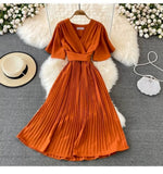Fongt New V-Neck Short-Sleeved Dress Over Knee-Repaired Lady's Waist Tie Mid-Slap Dress