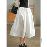 LOOSE White Pants Elastic Waist Solid Women's Summer Pants Cotton Big Pocket Design Wide Leg Women's Summer Cropped