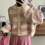 Spring New Korean Style Lazy Gentle Wind Striped Knitted Cardigan Round Collar Color Loose Hair-Outfit