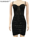 Night Club Party Sequin Mini Bodycon Dress Slim Low Neck Spaghetti Strap See Through Backless Women Blue Short Camis