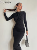 Women's Elegant Solid O-neck Patchwork Maxi Dress Full Long Sleeves Body-shaping Robe Lady Evening Attirewear Vestidos-Outfit