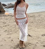 White Lace Sheer Tank Top And Midi Skirt Set-Outfit