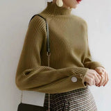 Women Autumn And Winter Half High Collar Knitted Sweaters Solid Female Soft Elastic Soild Color Pullover Button Full Sleeve