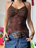 Boho Vintage Print Mesh Patchwork Crop Top Women V Neck Camis Y2K Streetwear Female Coquette Aesthetic Clothes 2024-Outfit