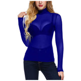 Ins Sexy Women's Tight-Nair With Long-Sleeved T-Shirts To The Perspective Of High-Necked Shirt Mesh