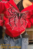 Web Red Graphic Women Sweatshirts Harajuku Vintage Grunge Y2k Zip Up Hoodie Loose Couple Jacket Hooded Long Sleeve