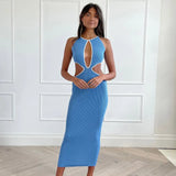 Ribbed O Neck Sexy Cut Out Sleeveless Midi Dress Knit Backless Elegant Bodycon Dresses 2021 Fall Party Club White Trim UK
