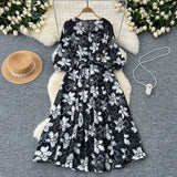 Fongt Retro Fashion Print Dress Women Loose Strap To The Waist Thin A Word Big Pendulum Long Skirt