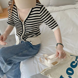 New 2022 Chic Striped Korean Fashion Zipper Cardigans Knitted Women Summer V-Neck Vintage Elegant Lady Tops