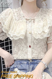 Embroidery Lace Chiffon Blouse Women 2023 Fashion Beading Shirt Tops Ruffles Korean Floral Peter Pan Collar Clothes