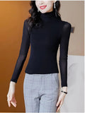 Solid Mesh T-Shirts Tees Female Full Sleeve Turtleneck Slim Tshirt Base Simple Tops For Women Spring Fall-Outfit