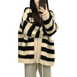 New Autumn And Winter Korean Style Lazy Breeze V-Collar Striped Sweater Girl Loose Thin Knitted Cardigan Coat Girl-Outfit