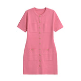 Style French Round Collar Single-Breasted Button Design Feeling Slim Hip Knitted Dress Women 3471011-Outfit