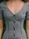 Fongt Women's Temperament Lattice V-Neck Thin Buckle Short Sleeve A-Character Dress Short 2025