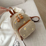 Summer Tiny Daisy Weave Backpacks Fashion Cherry PU Backpack Small Straw Beach Daypack Girls Rattan Holiday Travel