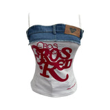 Fongt Letter-Print Spliced Denim Sling Vest Repair Outside The Hot Babes Bumpy Short Sleeveless Top 2309