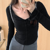 Girls Tight Agaric Edge V-Collar Long-Sleeved T-Shirt Women's Autumn New Thin Bottom Shirt Soft Waxy Inner Coat-Outfit